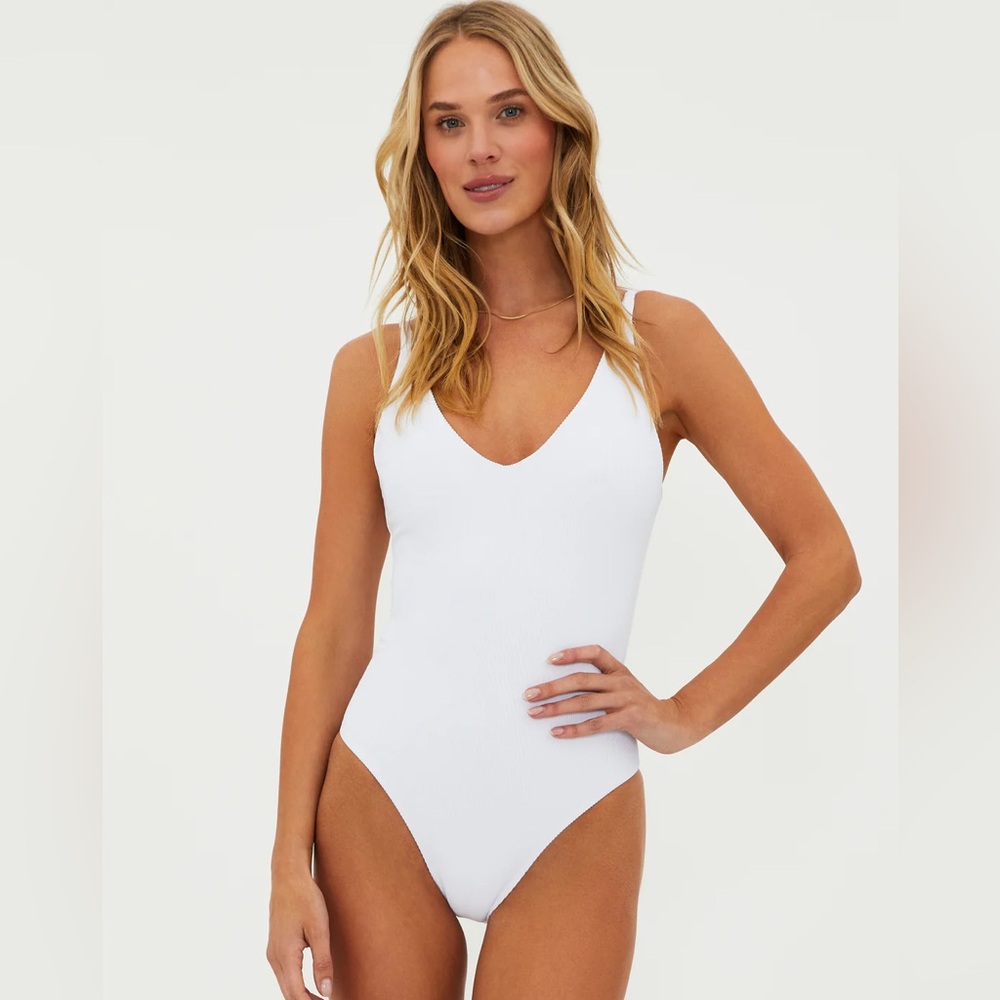 Beach Riot White Ribbed V‑Neck One Piece Swimsuit